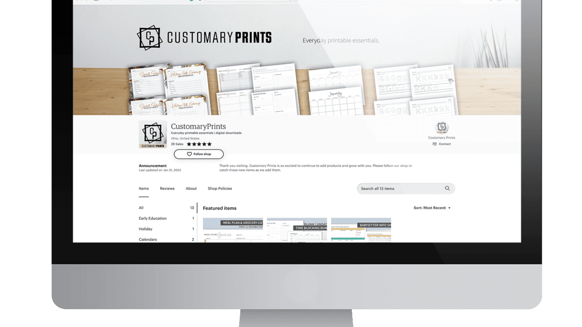 Customary Prints Etsy Shop Screenshot